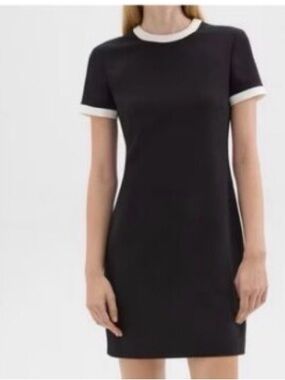 Theory Black Short-Sleeve Shift Dress with White Trim